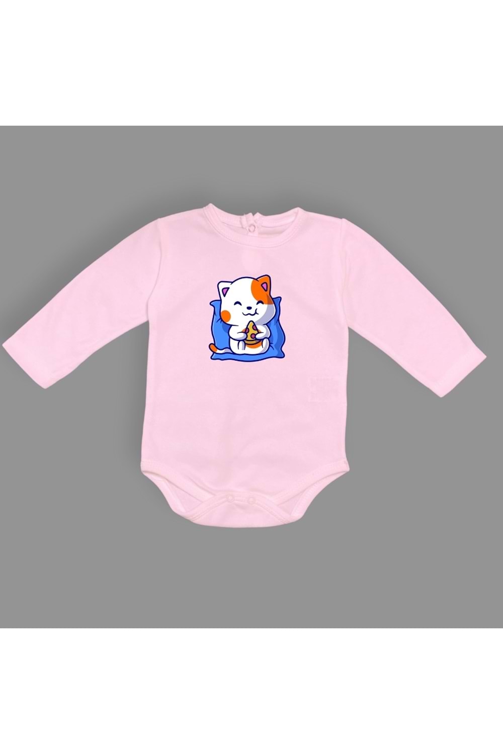 Baskılı Pizza Yiyen kedi Bebek Çıtçıtlı Body - MNK0662-PEMBE-6 AY