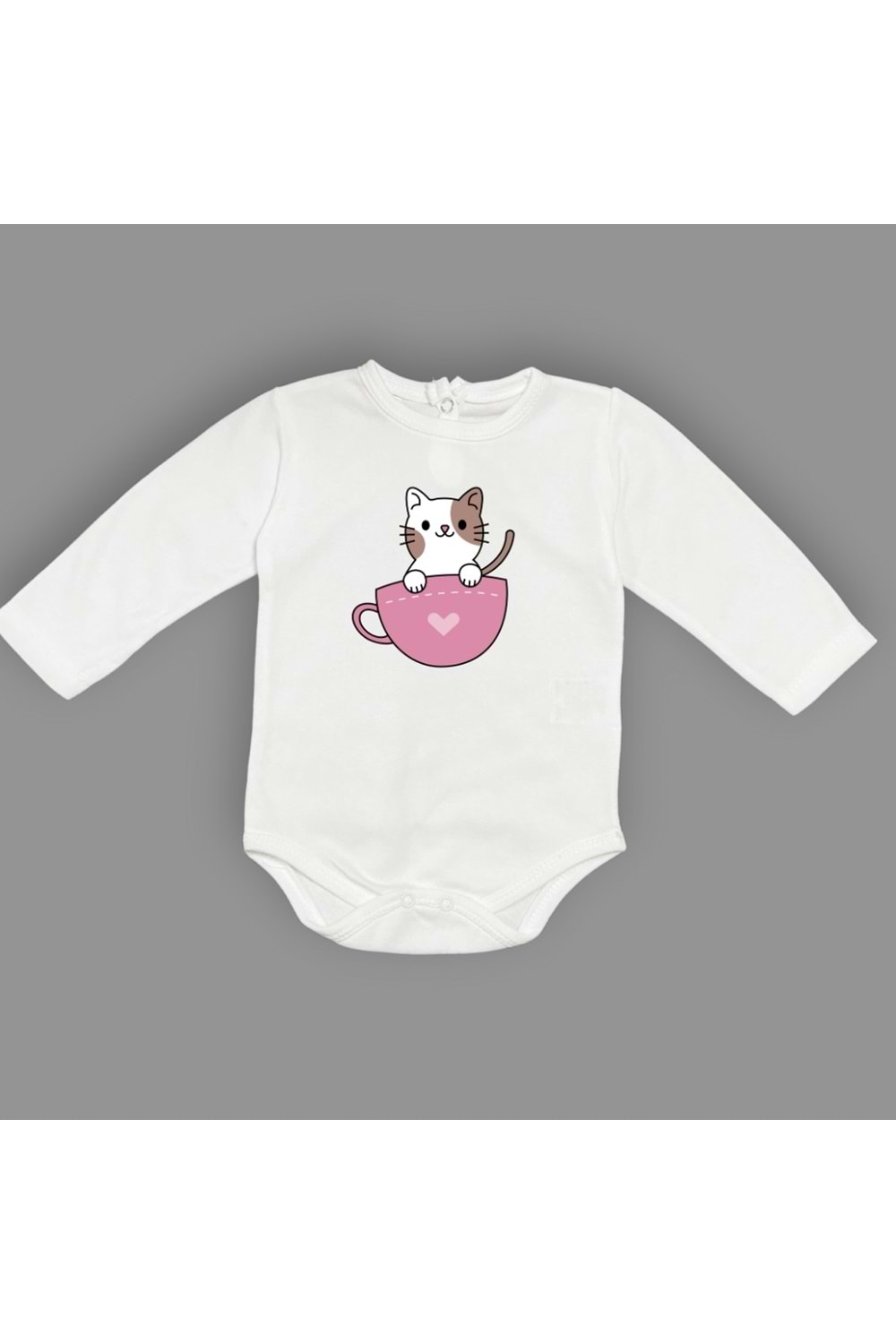 Baskılı Kalpli Fincan Kedi Bebek Çıtçıtlı Body - MNK0663-EKRU-6 AY
