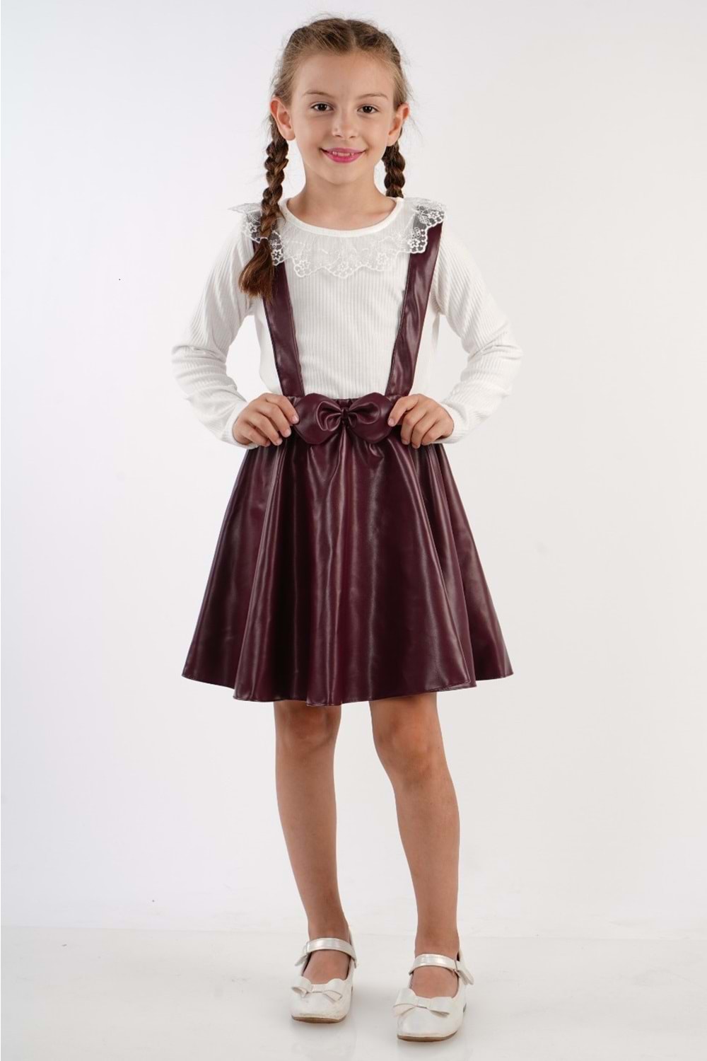 Deri Etekli Brode Yaka Kız Çocuk Takım MNK2113