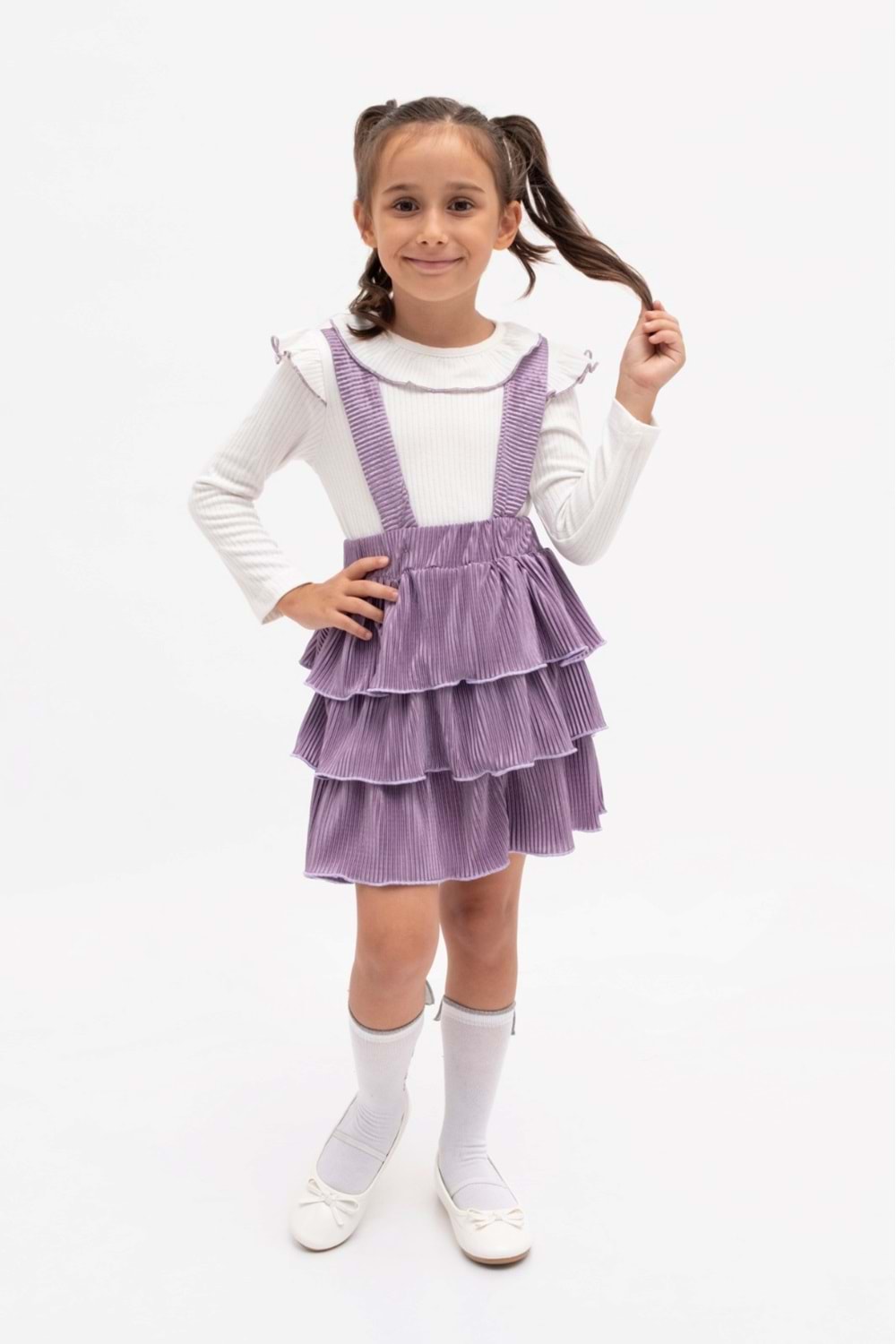 Kadife Salopet Askılı Kız Etekli Takım MNK2147