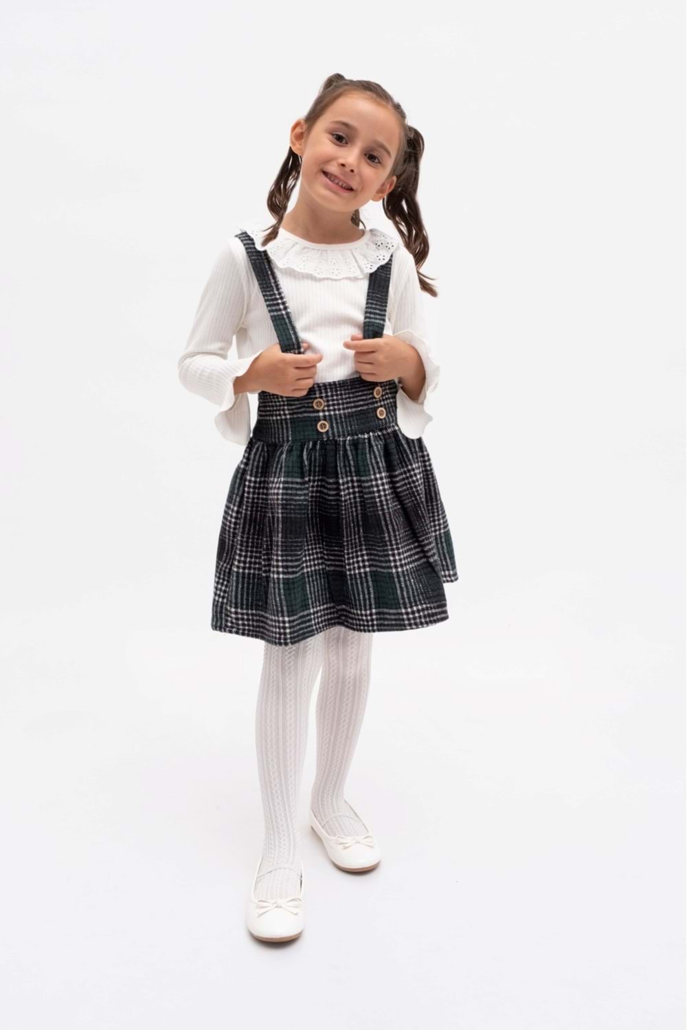 Ekose Desen Kız Çocuk Salopet Etekli Badili Takım MNK2148