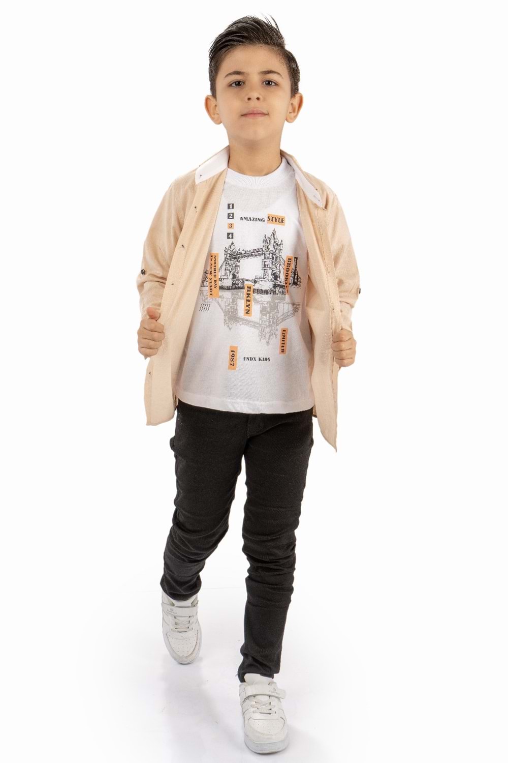 Çift Cepli Gömlek , Pantolon , T-Shirt 3Parça Pamuklu Erkek Çocuk Takım MNK965