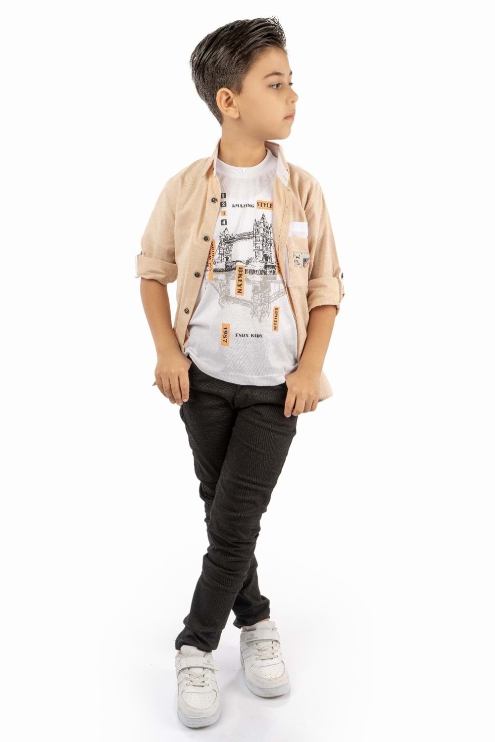 Çift Cepli Gömlek , Pantolon , T-Shirt 3Parça Pamuklu Erkek Çocuk Takım MNK965