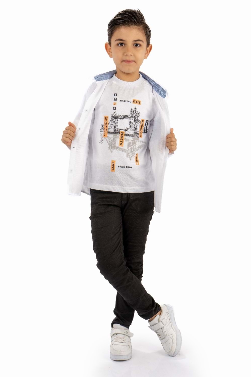 Çift Cepli Gömlek , Pantolon , T-Shirt 3Parça Pamuklu Erkek Çocuk Takım MNK965