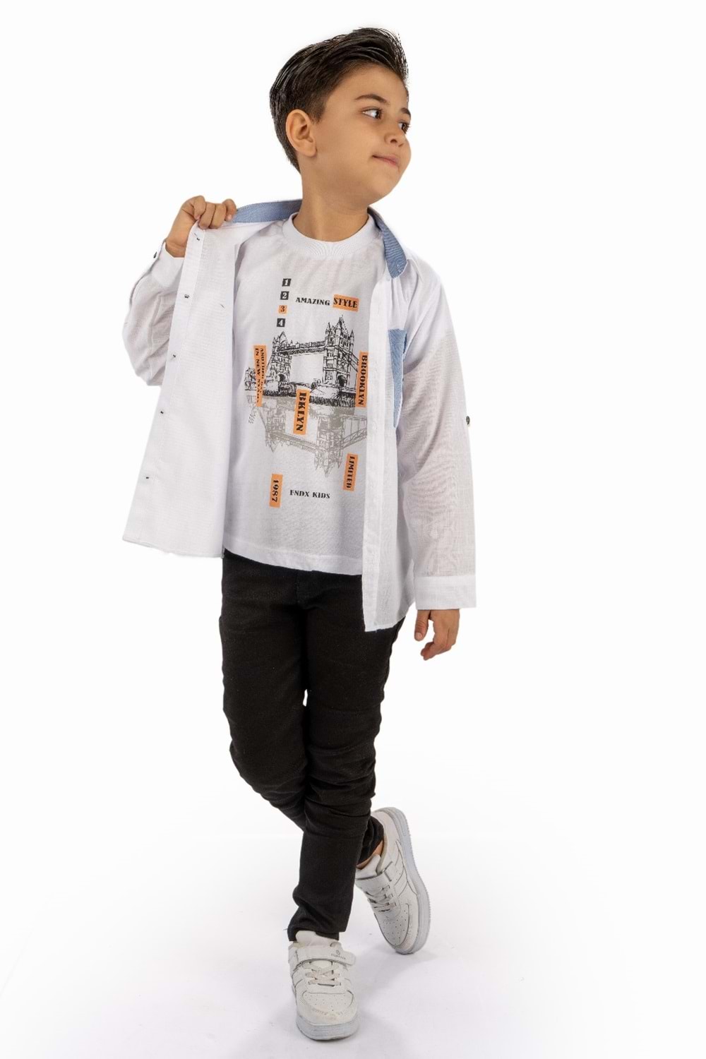 Çift Cepli Gömlek , Pantolon , T-Shirt 3Parça Pamuklu Erkek Çocuk Takım MNK965