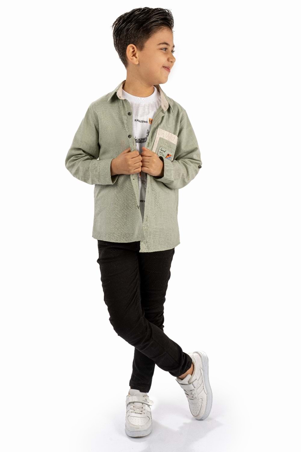 Çift Cepli Gömlek , Pantolon , T-Shirt 3Parça Pamuklu Erkek Çocuk Takım MNK965
