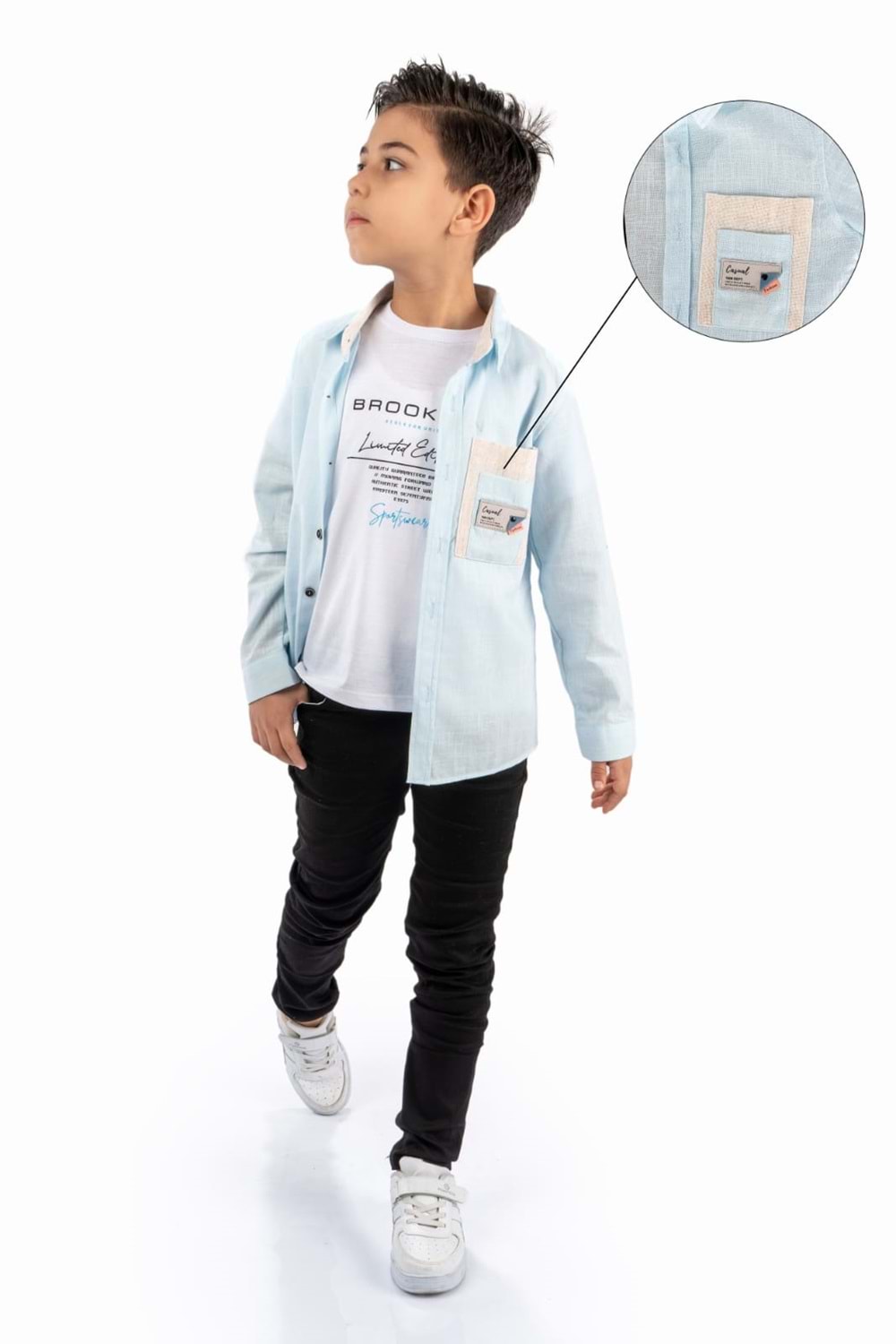Çift Cepli Gömlek , Pantolon , T-Shirt 3Parça Pamuklu Erkek Çocuk Takım MNK965