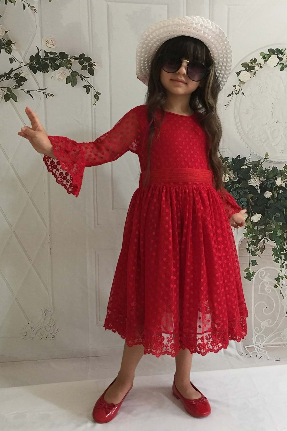Kırmızı 1 Yaş Şapkalı Dantelli Kız Çocuk Elbise