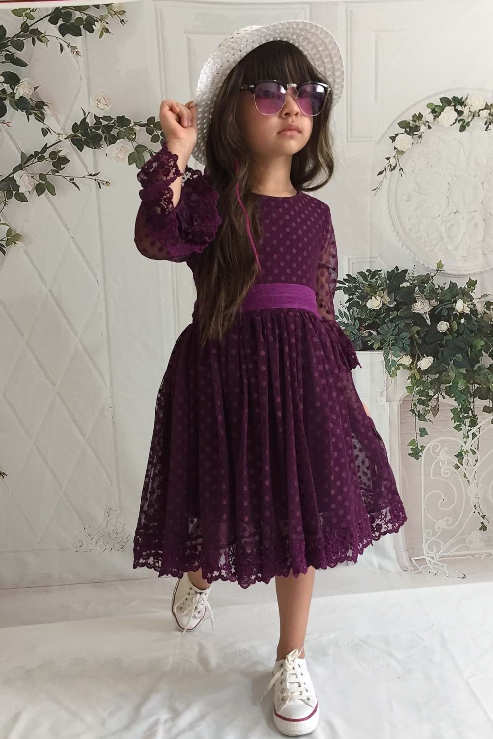 Mürdüm Renk 4 Yaş Şapkalı Dantelli Kız Çocuk Elbise