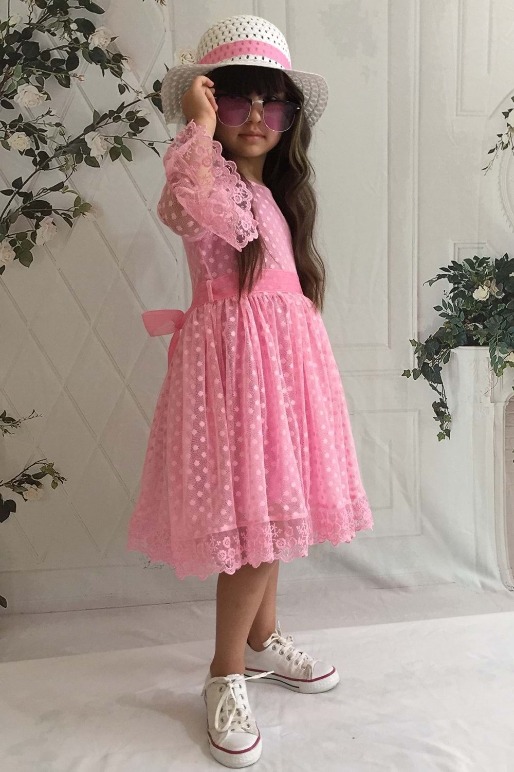 Pembe Şapkalı Dantelli 11 Yaş Kız Çocuk Elbise