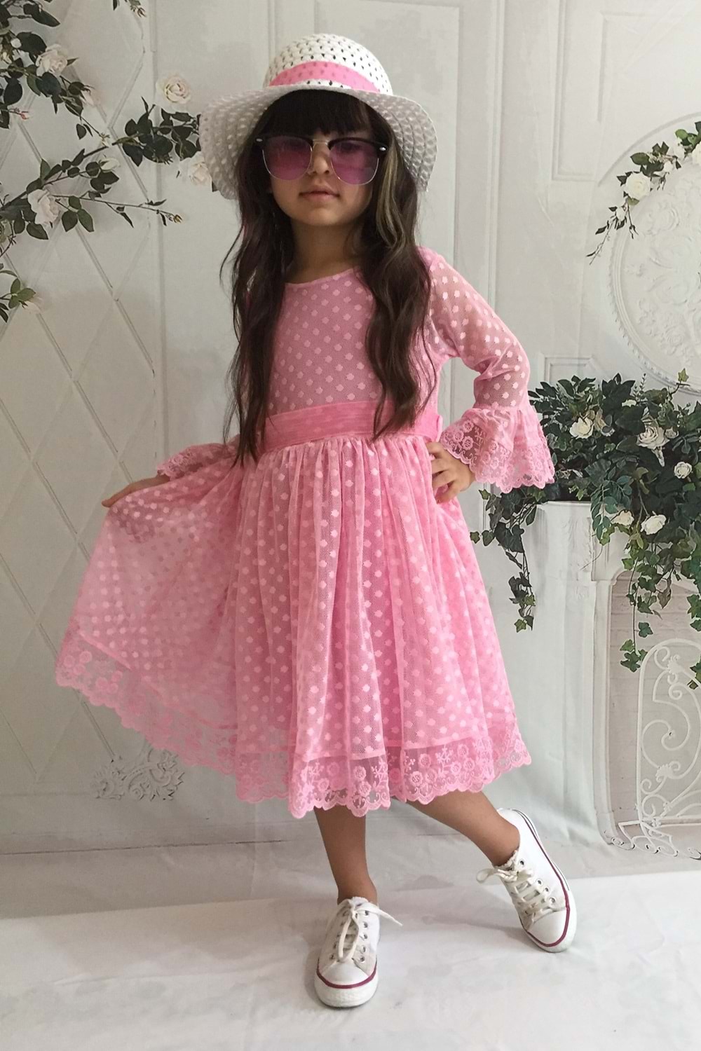 Pembe Şapkalı Dantelli 1 Yaş Kız Çocuk Elbise
