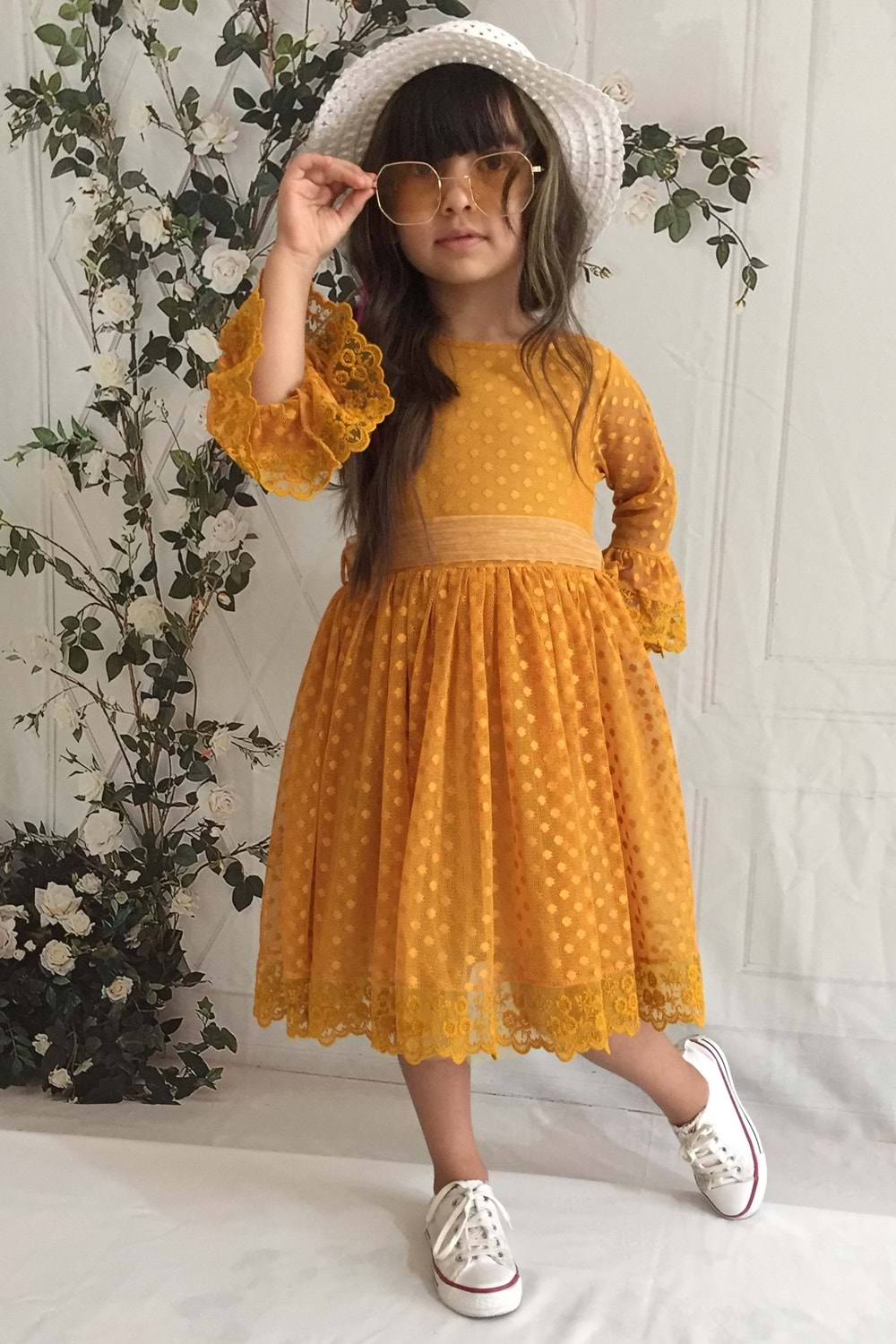 Hardal Şapkalı Dantelli Kız Çocuk Elbise