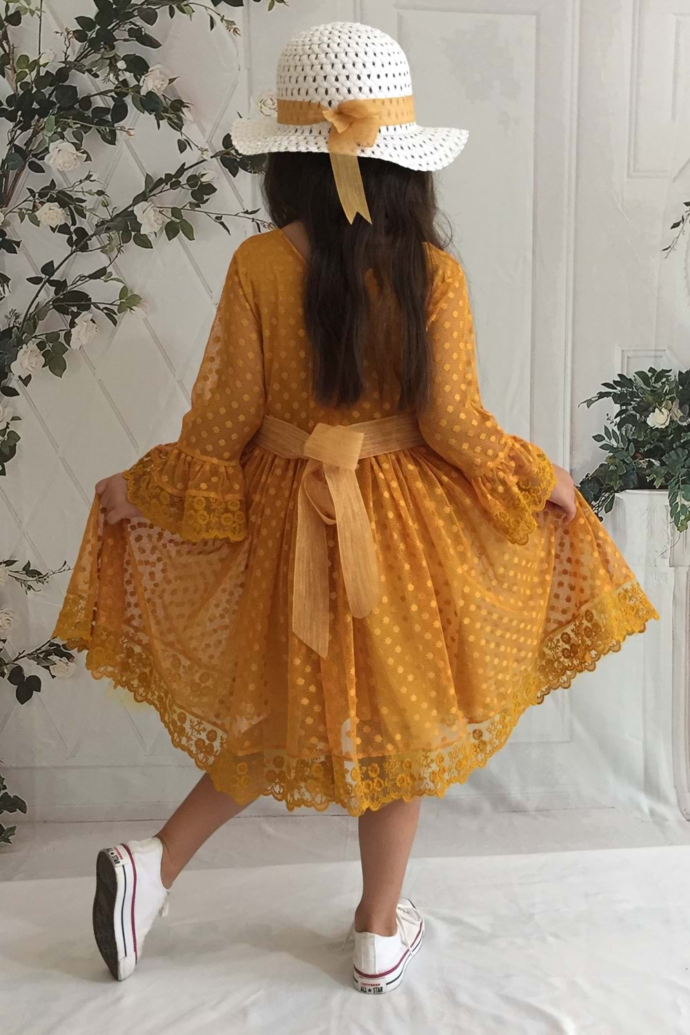 Hardal Şapkalı Dantelli Kız Çocuk Elbise