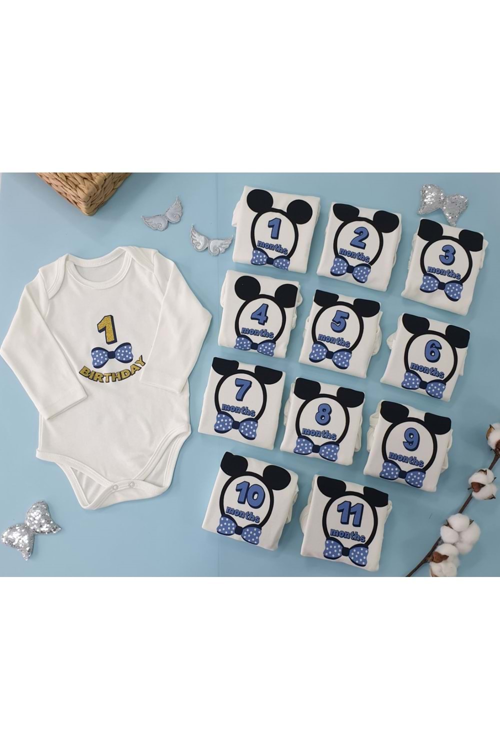 Erkek Bebek Mavi Kurdelalı Hatıra Body Set 0/12 Ay PNPN1360