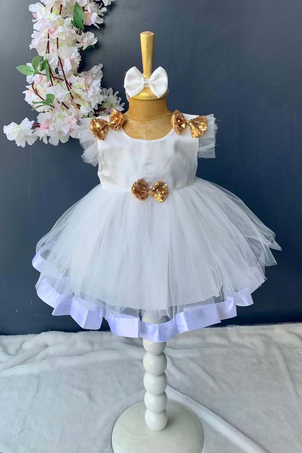Pul Payet Fiyonklu Saten Kız Bebek Mevlütlük Elbise PNPN176