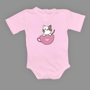 Baskılı Kalpli Fincan Kedi Bebek Çıtçıtlı Body - MNK0663-KOYU PEMBE-6 AY