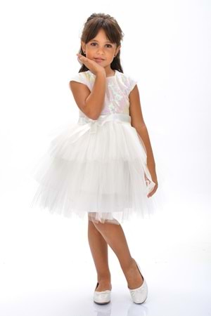 Mnk Beyaz Kız Çocuk Pullu Tüllü Parti Elbisesi