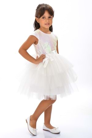 Mnk Beyaz Kız Çocuk Pullu Tüllü Parti Elbisesi