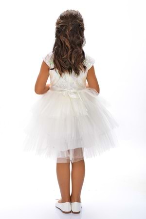 Mnk Beyaz Kız Çocuk Pullu Tüllü Parti Elbisesi