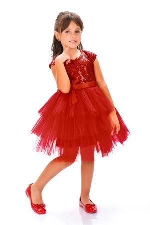 Mnk Kırmızı Kız Çocuk Pullu Tüllü Parti Elbisesi