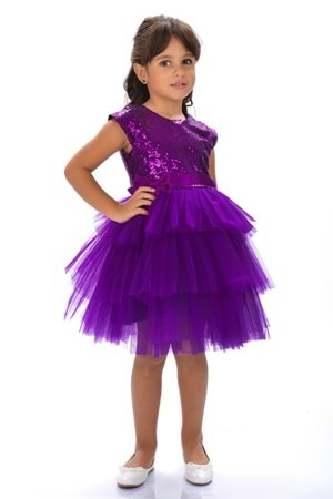 Mnk Mor Kız Çocuk Pullu Tüllü Parti Elbisesi