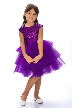 Mnk Mor Kız Çocuk Pullu Tüllü Parti Elbisesi