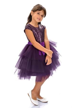 Mnk Mürdüm Kız Çocuk Pullu Tüllü Parti Elbisesi