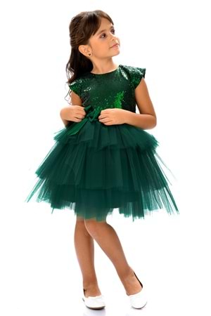 Mnk Yeşil Kız Çocuk Pullu Tüllü Parti Elbisesi