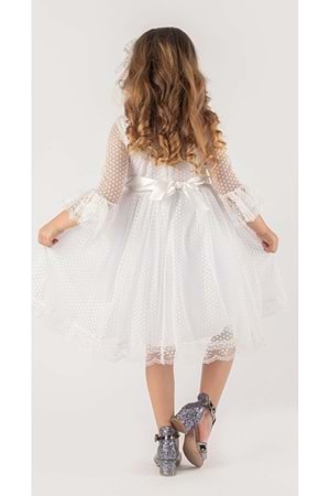 Beyaz Fransız Dantel Tokalı Kız Çocuk Elbise