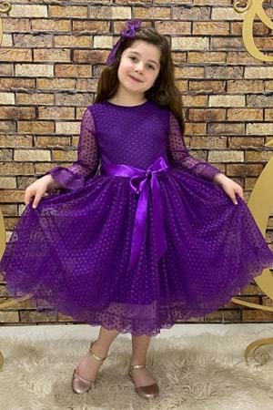Mor Fransız Dantel Tokalı Kız Çocuk Elbise