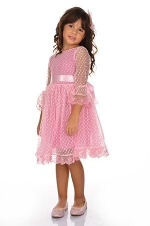 Rengarenk Fransız Dantel Tokalı Kız Çocuk Elbise