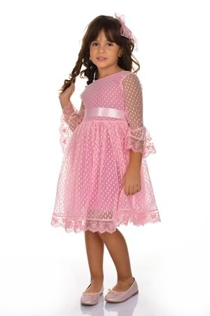 Rengarenk Fransız Dantel Tokalı Kız Çocuk Elbise