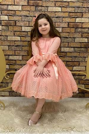 Somon Fransız Dantel Tokalı Kız Çocuk Elbise