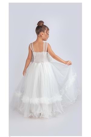 Uzun Etekli , Askılı Kız Cocuk Gül Motif Abiye Elbise M00670