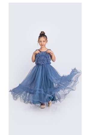 Uzun Etekli , Askılı Kız Cocuk Gül Motif Abiye Elbise M00670