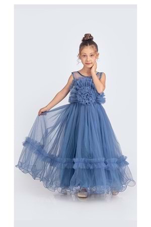 Uzun Etekli , Askılı Kız Cocuk Gül Motif Abiye Elbise M00670