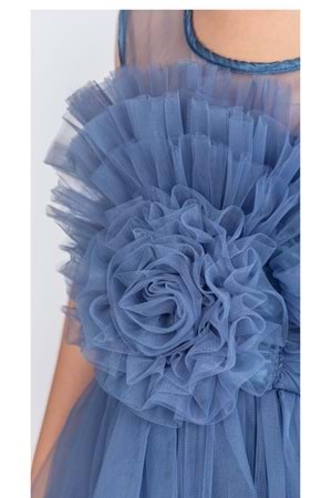 Uzun Etekli , Askılı Kız Cocuk Gül Motif Abiye Elbise M00670