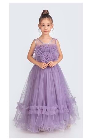 Uzun Etekli , Askılı Kız Cocuk Gül Motif Abiye Elbise M00670