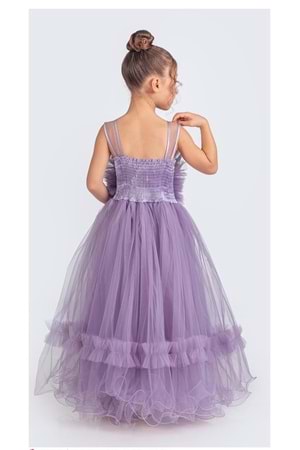 Uzun Etekli , Askılı Kız Cocuk Gül Motif Abiye Elbise M00670