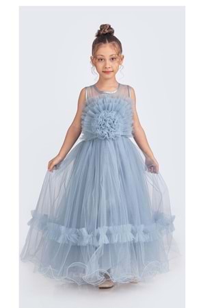 Uzun Etekli , Askılı Kız Cocuk Gül Motif Abiye Elbise M00670