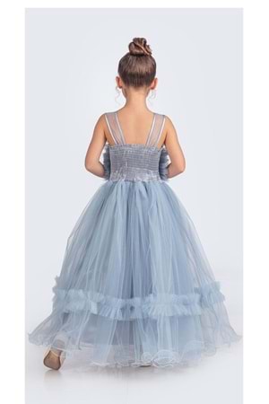 Uzun Etekli , Askılı Kız Cocuk Gül Motif Abiye Elbise M00670