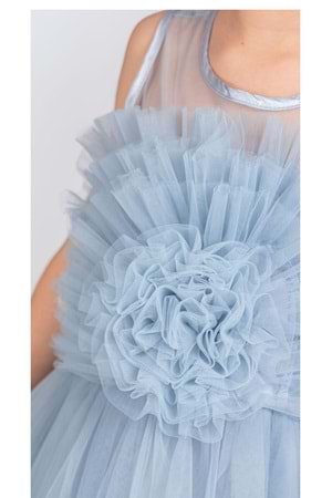 Uzun Etekli , Askılı Kız Cocuk Gül Motif Abiye Elbise M00670