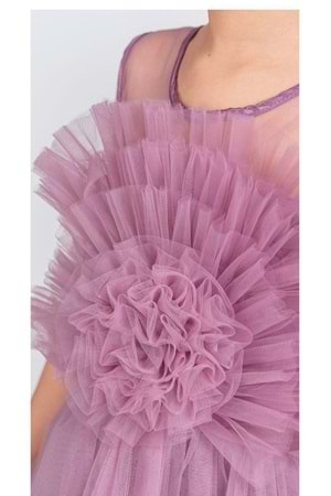 Uzun Etekli , Askılı Kız Cocuk Gül Motif Abiye Elbise M00670