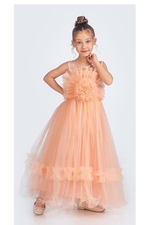 Uzun Etekli , Askılı Kız Cocuk Gül Motif Abiye Elbise M00670