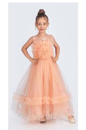 Uzun Etekli , Askılı Kız Cocuk Gül Motif Abiye Elbise M00670