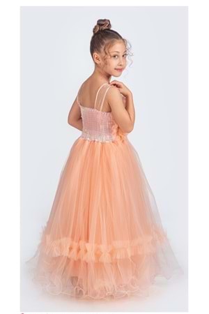 Uzun Etekli , Askılı Kız Cocuk Gül Motif Abiye Elbise M00670