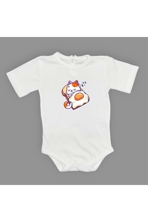 Uyuyan Kedi Baskılı Bebek Çıtçıtlı Body Uzun Kısa Kolsuz