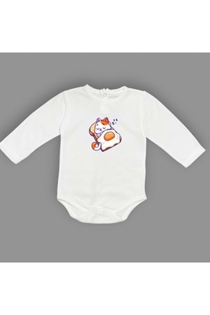 Uyuyan Kedi Baskılı Bebek Çıtçıtlı Body Uzun Kısa Kolsuz