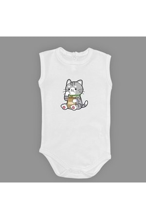 Mama Yiyen Kedi Baskılı Bebek Çıtçıtlı Body Uzun Kısa Kolsuz