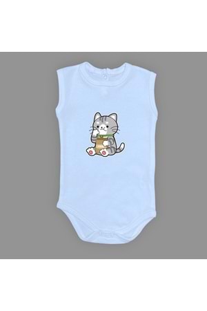 Mama Yiyen Kedi Baskılı Bebek Çıtçıtlı Body Uzun Kısa Kolsuz
